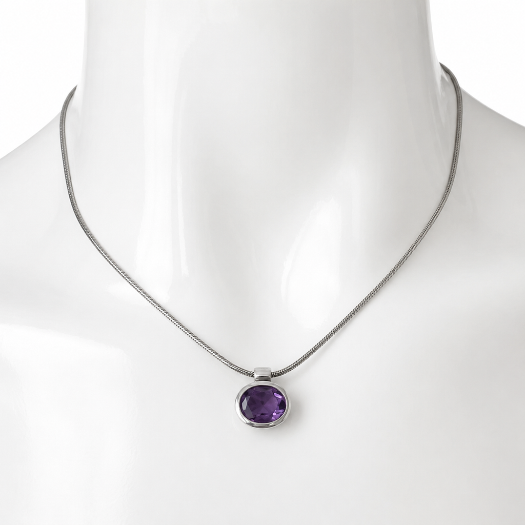 Sterling Silver Amethyst Pendant Necklace, 925 Snake Chain, Purple Gemstone Pendant