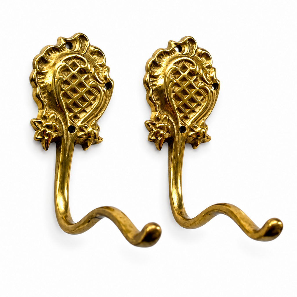 Pair Ornate Brass Wall Hooks, Vintage German Coat Hat Hangers