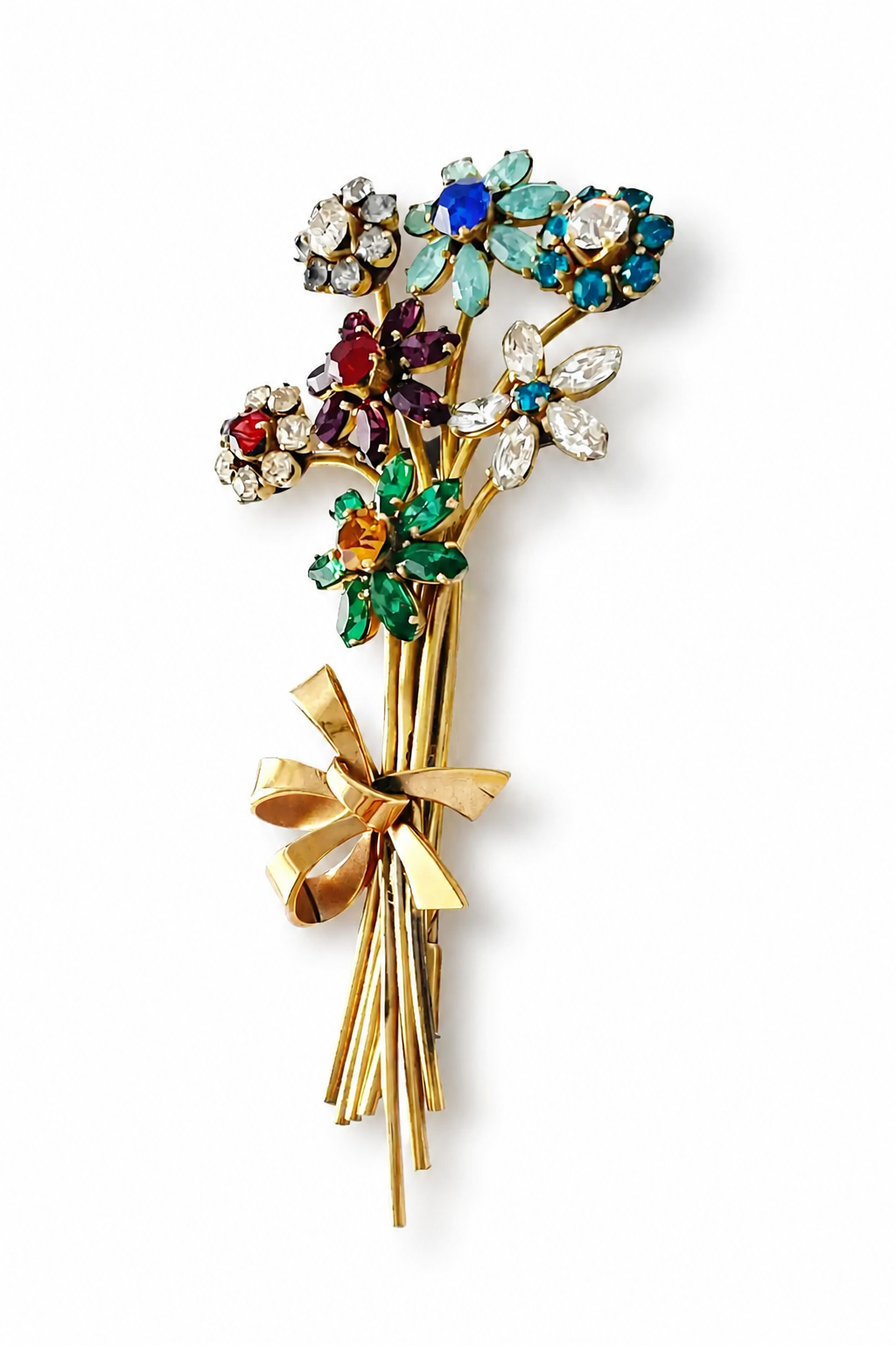 Art Deco Vintage Rhinestone Brooch – Floral Bouquet Pin with Trombone Clasp