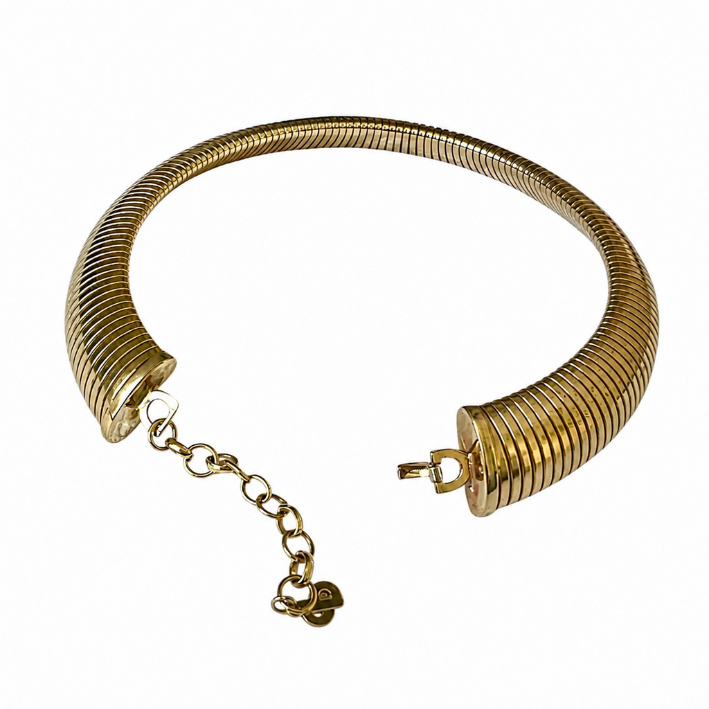 Vintage Christian Dior Omega Choker Necklace Gold Plated Metal Signed Chr. Dior Grosse Boxed