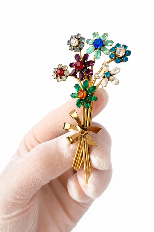 Art Deco Vintage Rhinestone Brooch – Floral Bouquet Pin with Trombone Clasp