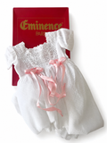 Vintage Eminence Paris Christening Gown, French White Batiste Lace Baby Dress With Pink Ribbons
