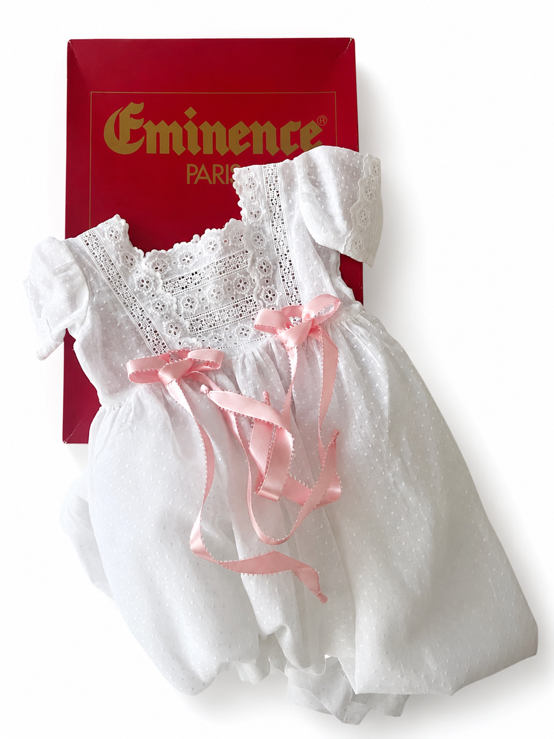 Vintage Eminence Paris Christening Gown, French White Batiste Lace Baby Dress With Pink Ribbons