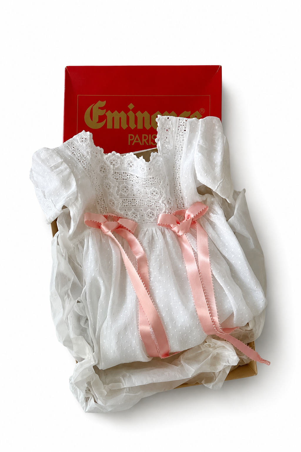 Vintage Eminence Paris Christening Gown, French White Batiste Lace Baby Dress With Pink Ribbons