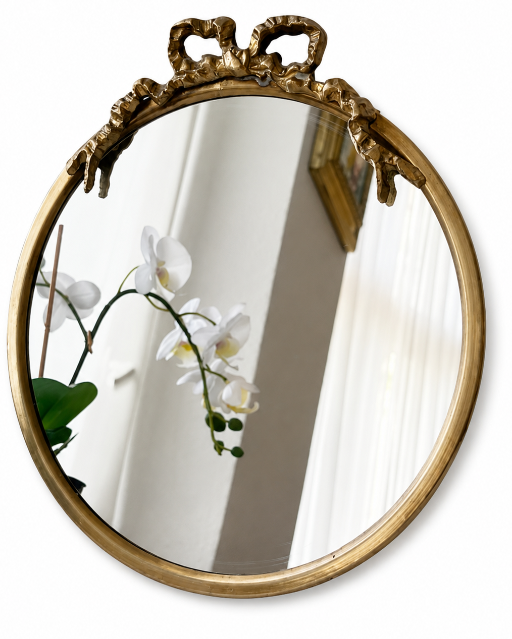 Vintage Round Brass Wall Mirror With Ribbon Bow Crest, French Regency Style