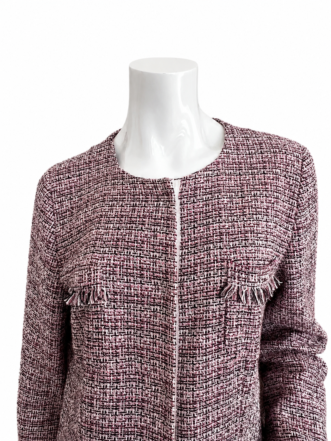 Weekend Max Mara Tweed Coat Jacket Collarless Burgundy Cotton Blend Italy 44 / UK 16