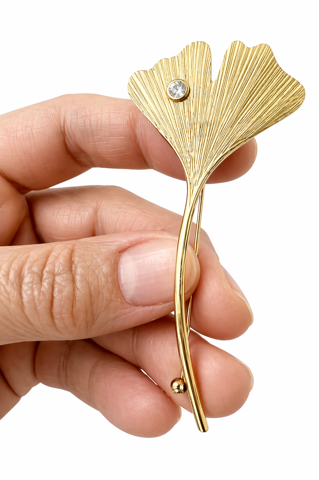 Vintage 9ct Gold Ginkgo Leaf Brooch, 375 Pin with Cubic Zirconia