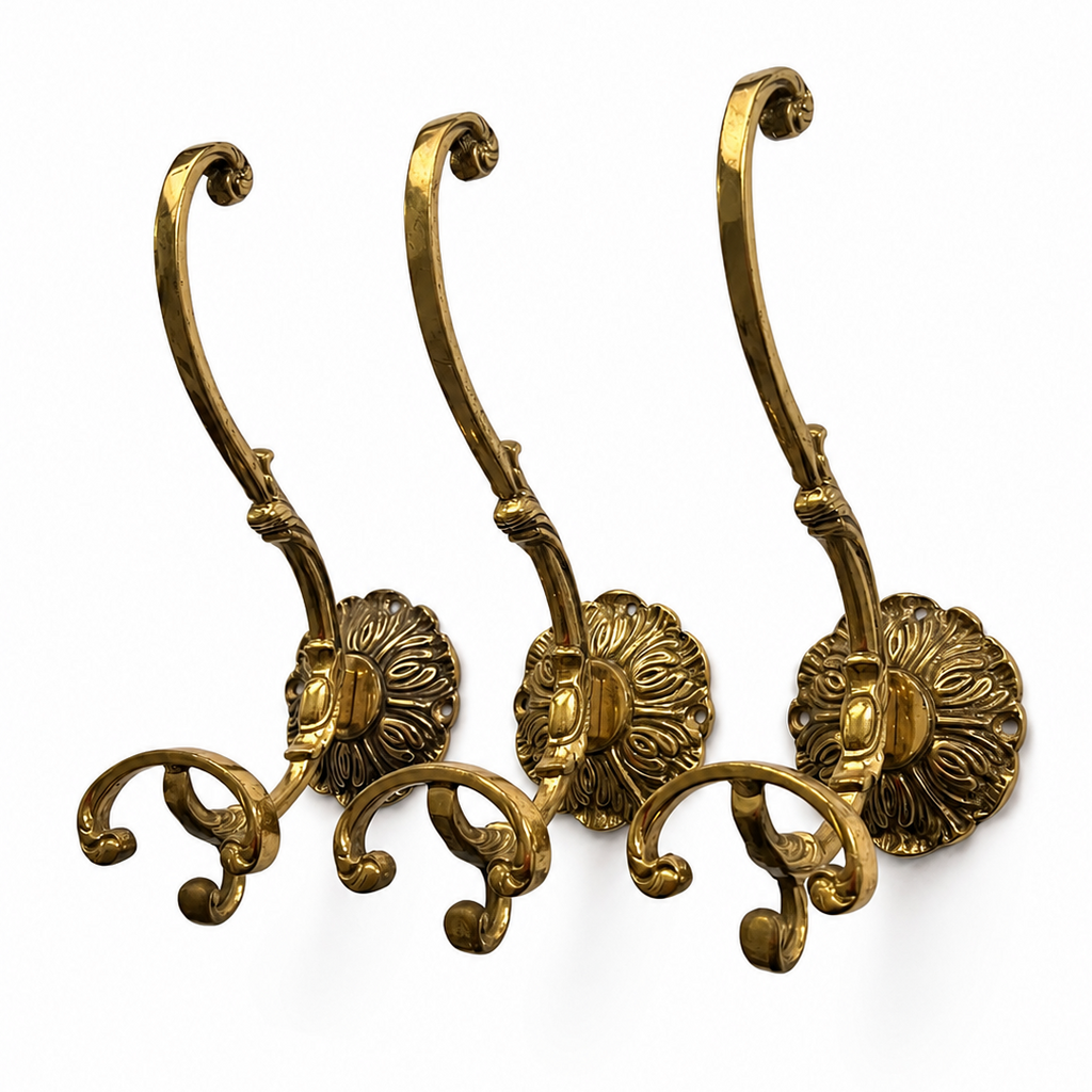 Set Of 3 Large Ornate Brass Wall Hooks, Vintage Coat Hangers