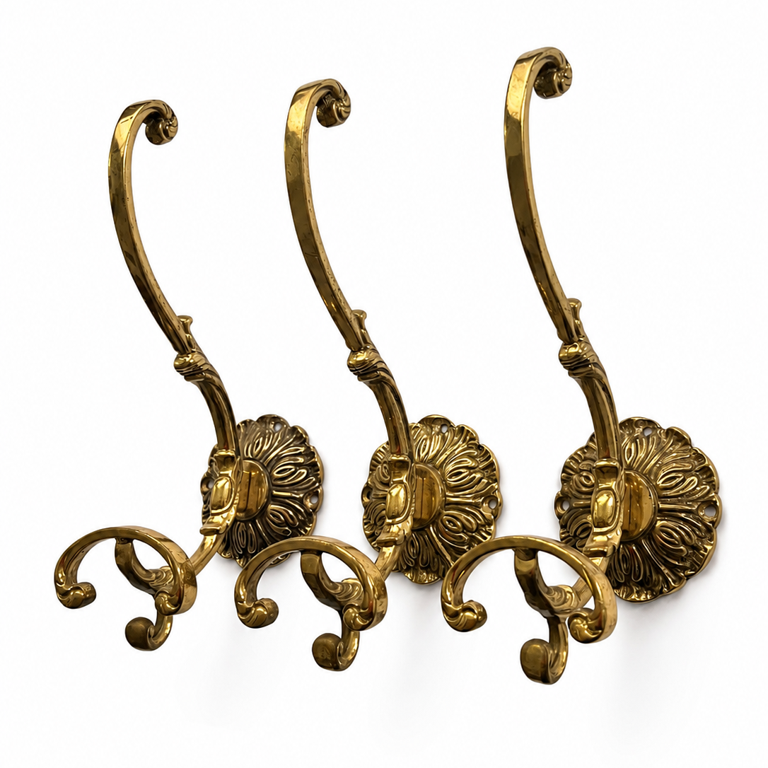 Set Of 3 Large Ornate Brass Wall Hooks, Vintage Coat Hangers