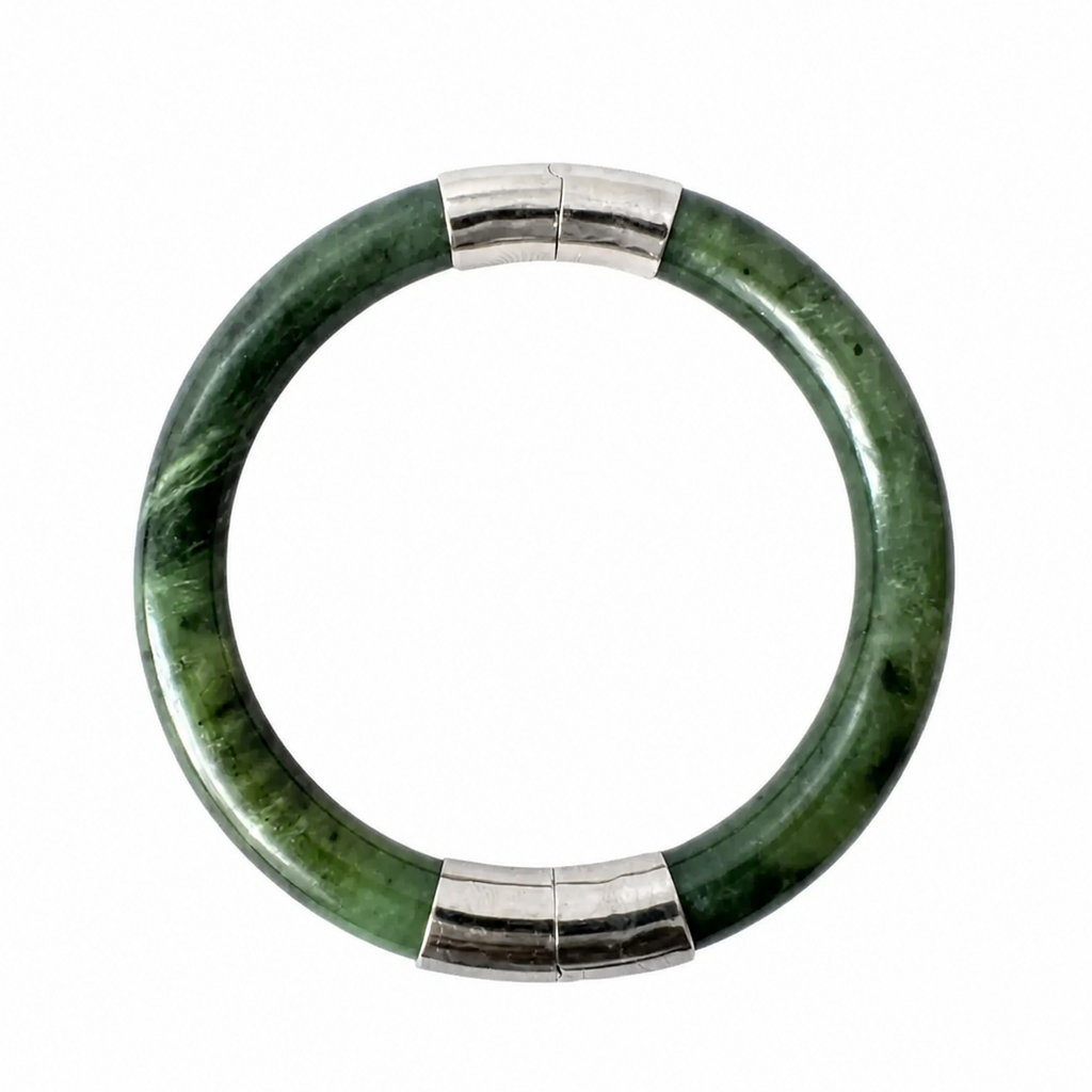 Vintage Nephrite Jade Bangle Bracelet With Silver Tone Caps.