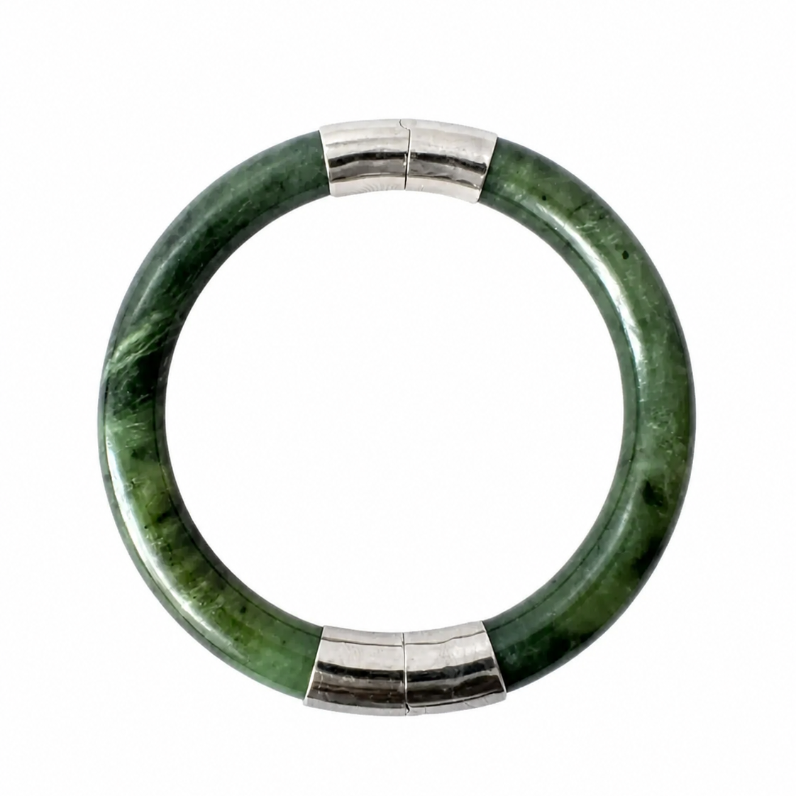 Vintage Nephrite Jade Bangle Bracelet With Silver Tone Caps.