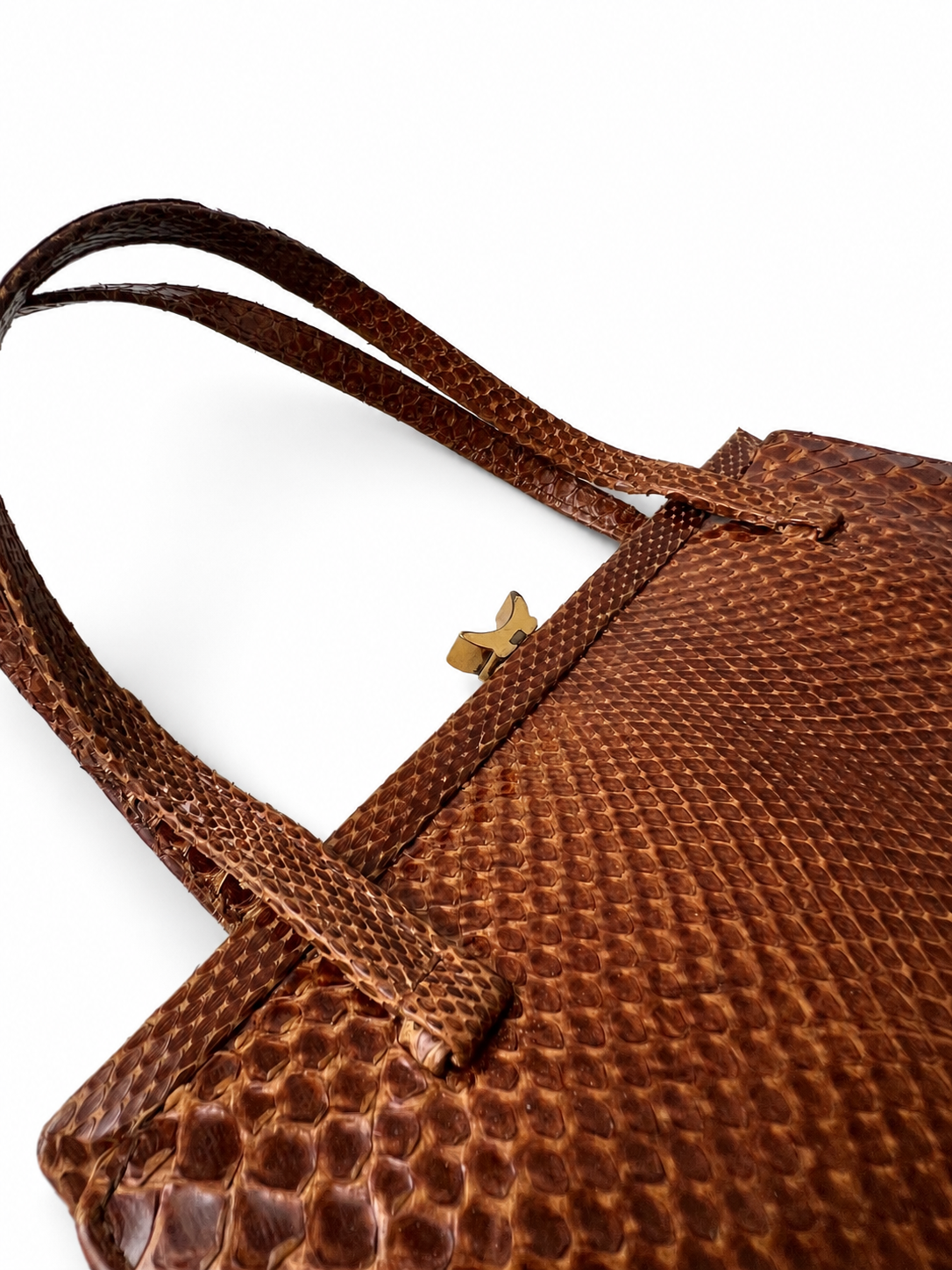 Vintage Brown Reptile Textured Leather Handbag With Brass Clasp And Leather Lining