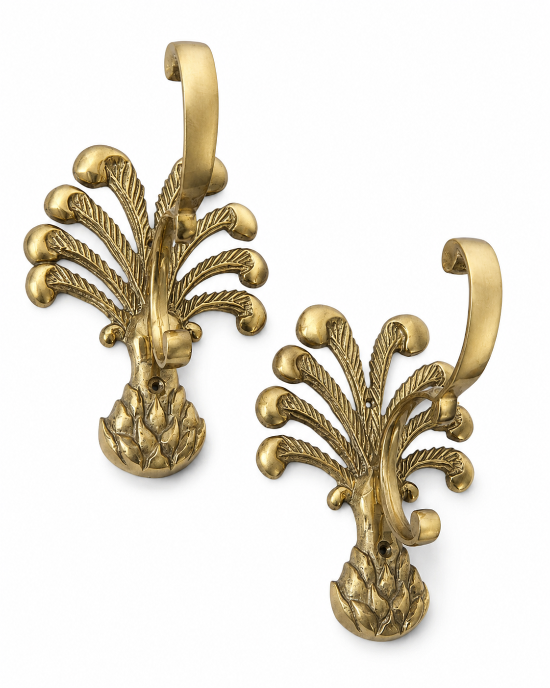 Vintage Set of Two Brass Pineapple Wall Hooks: Ornate Palm Design, Gold Finish