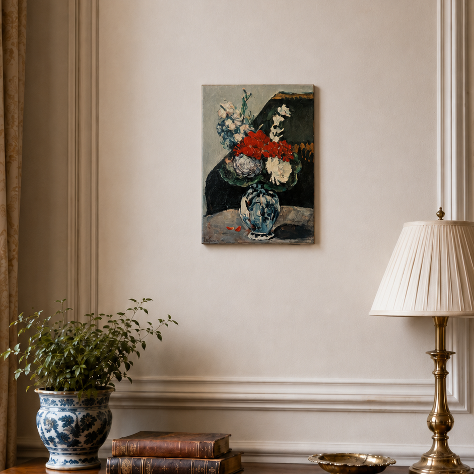 Vintage Cézanne Flowers Delft Vase Canvas Reproduction Painting 1955 Obpacher Munich
