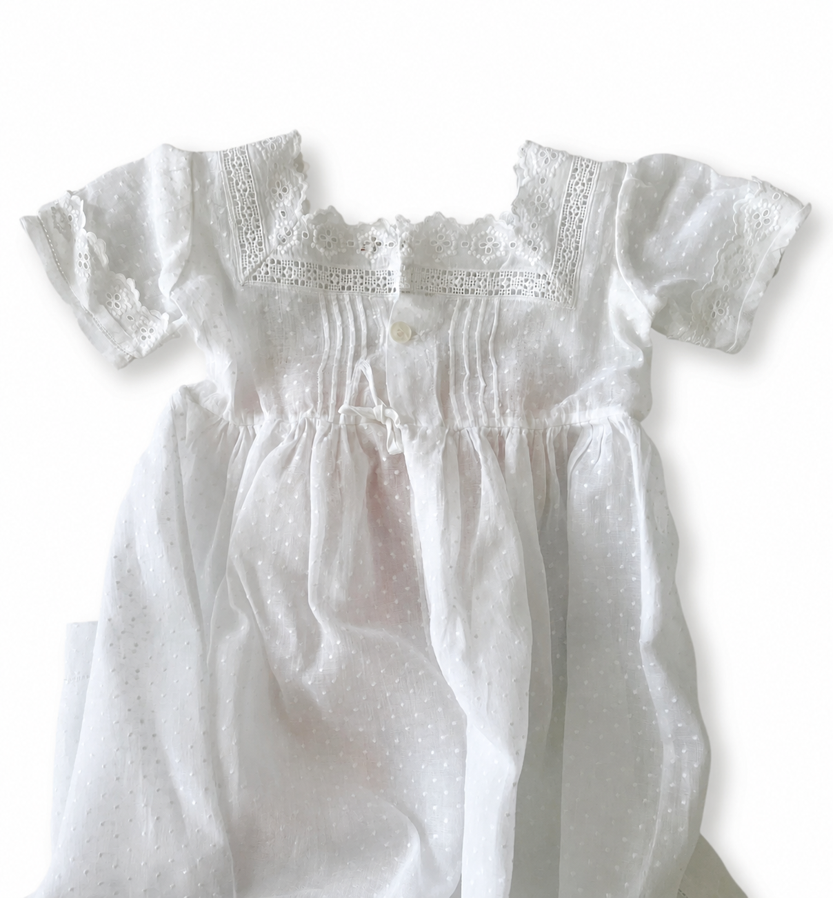 Vintage Eminence Paris Christening Gown, French White Batiste Lace Baby Dress With Pink Ribbons