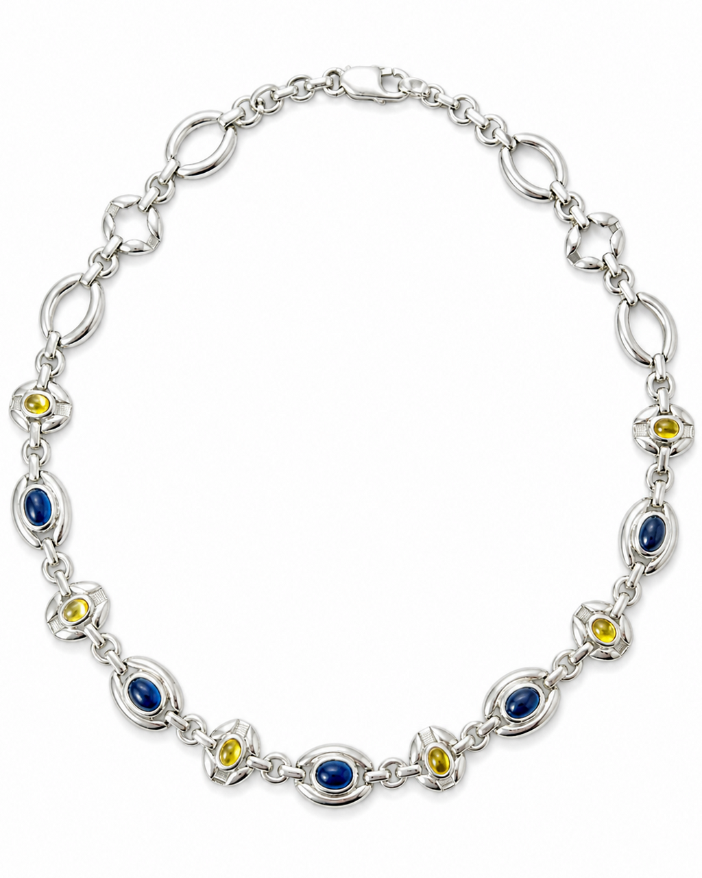 Vintage Italian Sterling Silver Necklace, Blue Yellow Glass Cabochons, 925 Modernist Link Chain