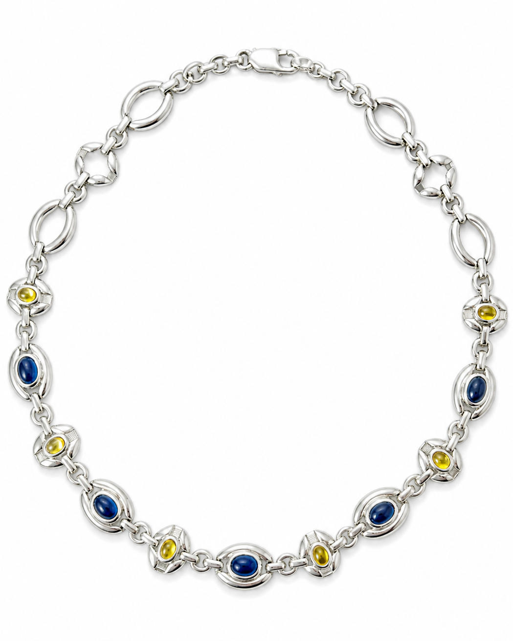 Vintage Italian Sterling Silver Necklace, Blue Yellow Glass Cabochons, 925 Modernist Link Chain