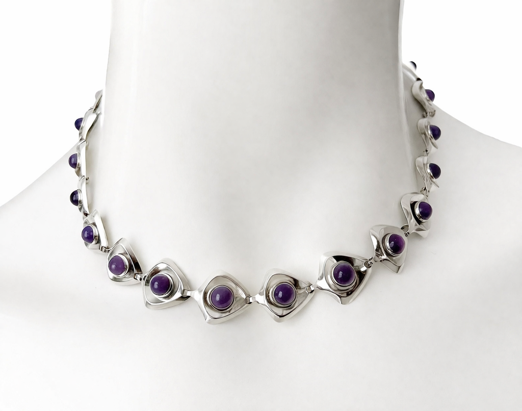 Danish Modernist Sterling Silver Amethyst Necklace by Hermann Siersbøl 1960s.