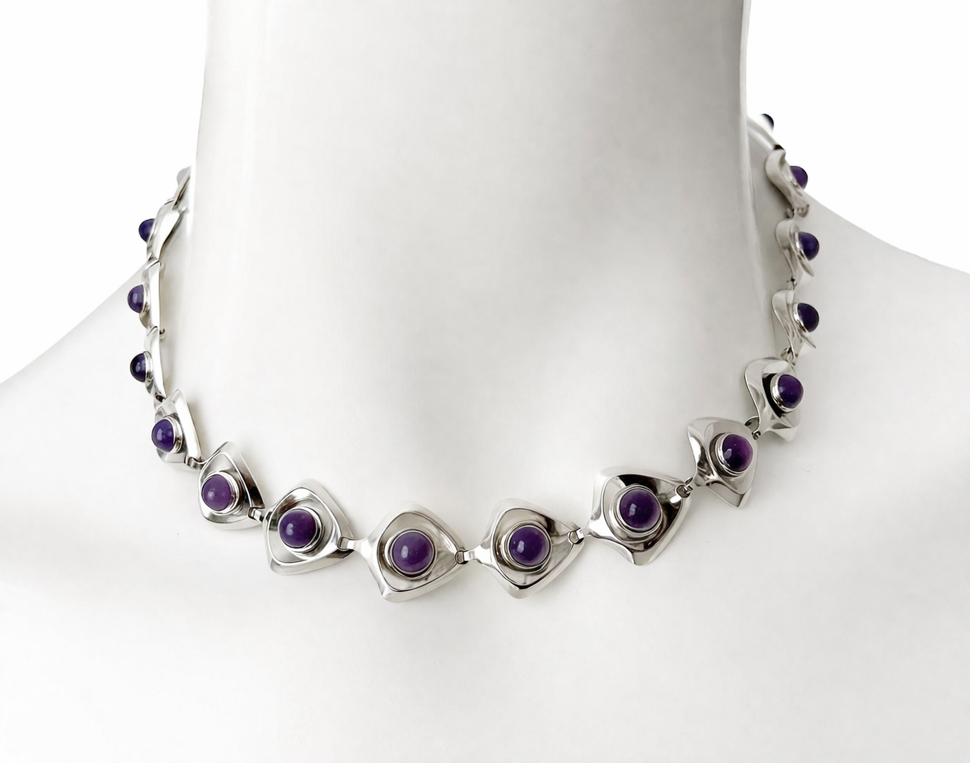 Danish Modernist Sterling Silver Amethyst Necklace by Hermann Siersbøl 1960s.