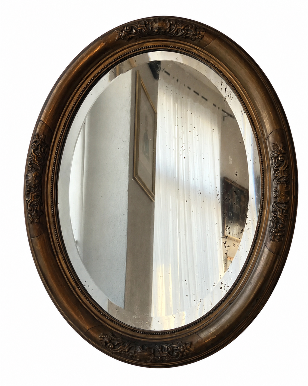 Antique Oval Gilded Wooden Beveled Mirror, Early 20th Century