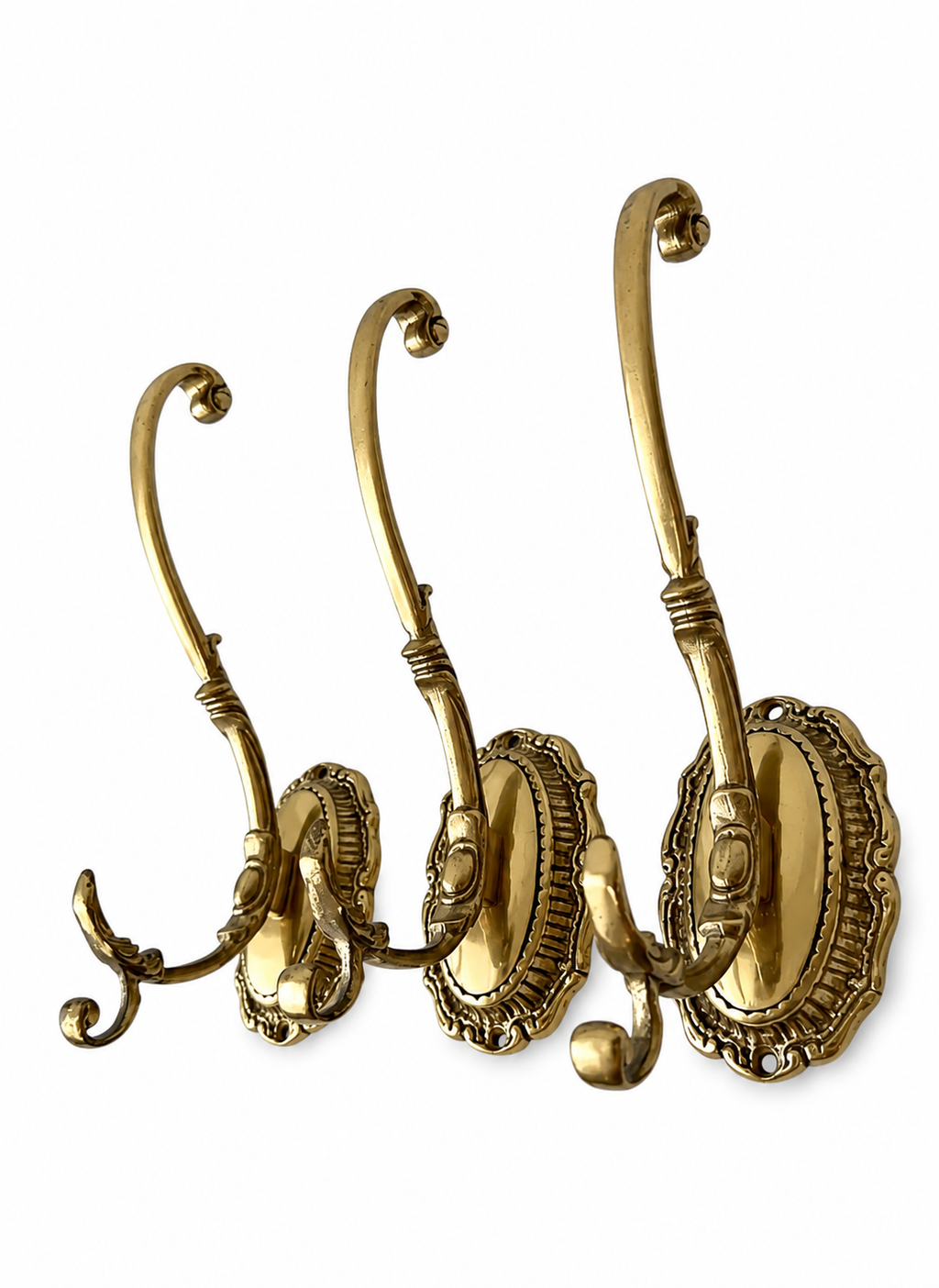 Set of 3 Large Vintage Brass Wall Hooks, Ornate Coat Hat Towel Hangers
