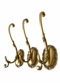 Set of 3 Large Vintage Brass Wall Hooks, Ornate Coat Hat Towel Hangers