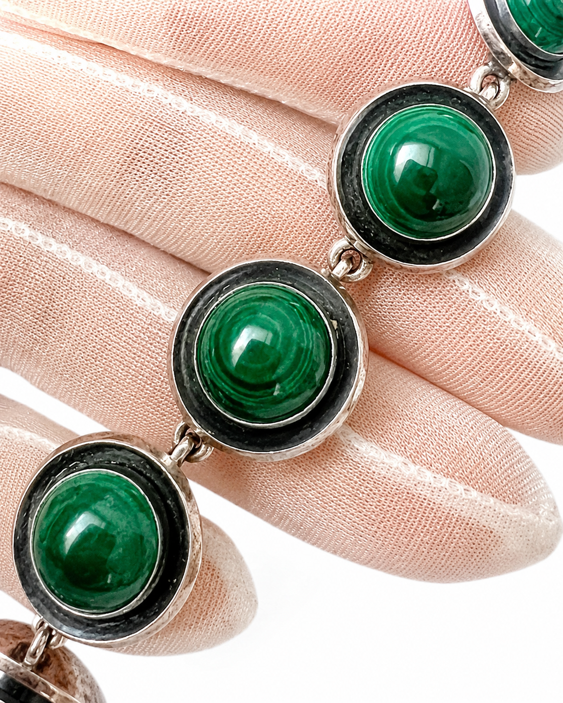 Vintage Malachite Bracelet, Sterling Silver, Danish Modernist, Niels Erik From