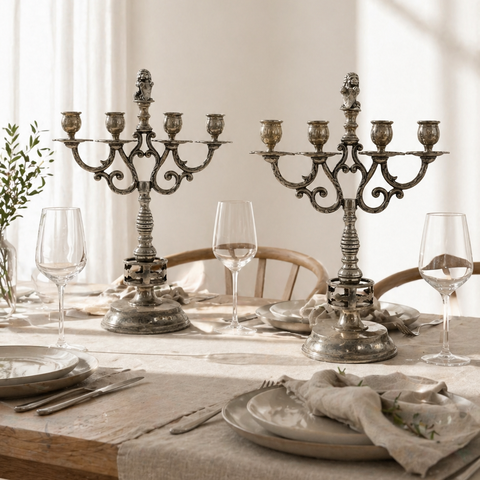 Antique Silver Plated Candelabra Pair, Heraldic Lion Gothic Candle Holders