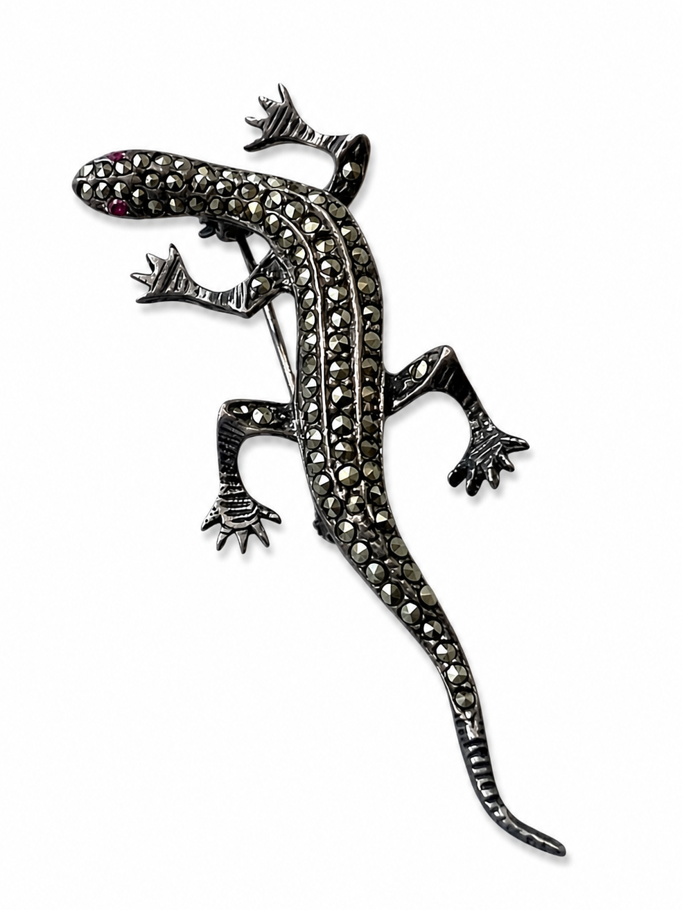 Vintage Silver Marcasite Lizard Brooch with Ruby Eyes.