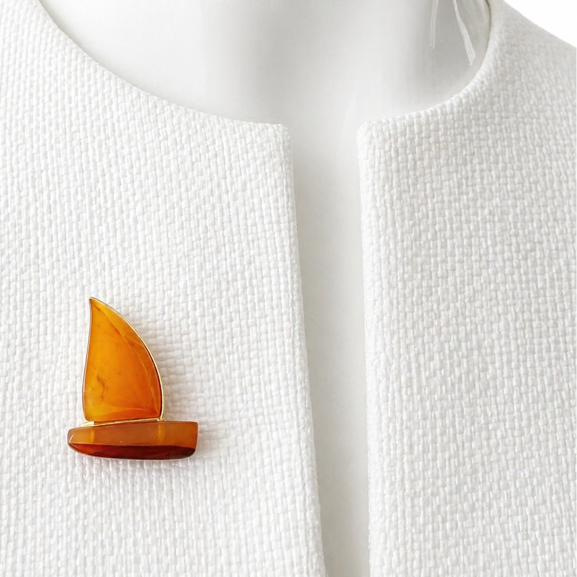 Vintage Sailboat Brooch, Baltic Amber Gold Plated. Kaliningrad Amber Combine, USSR, 1960s.