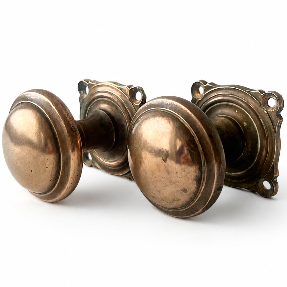 Antique Heavy Cast Brass Door Knobs Pair, Round Handles With Square Backplates