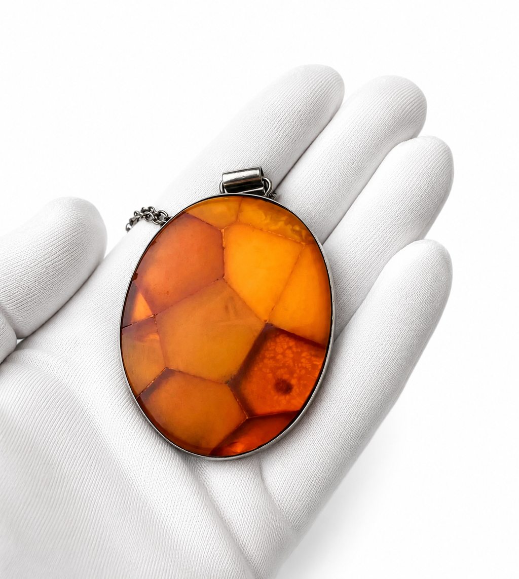Vintage Fischland Amber Mosaic Pendant Necklace 835 Silver Mid Century Germany