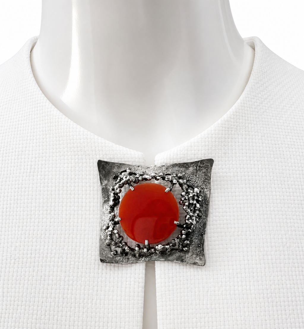 Vintage Brutalist Silver Brooch with Carnelian