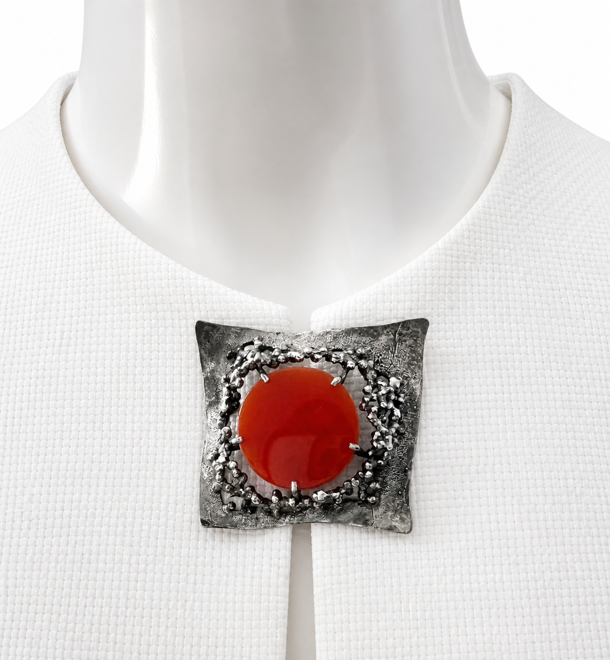 Vintage Brutalist Silver Brooch with Carnelian