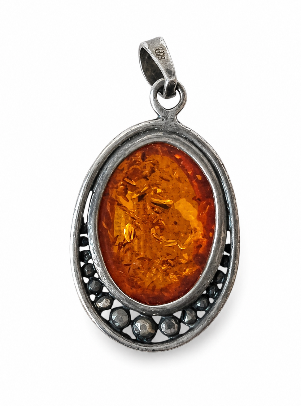 Vintage Baltic Amber Sterling Silver Pendant, 925 Beaded Oval Cabochon