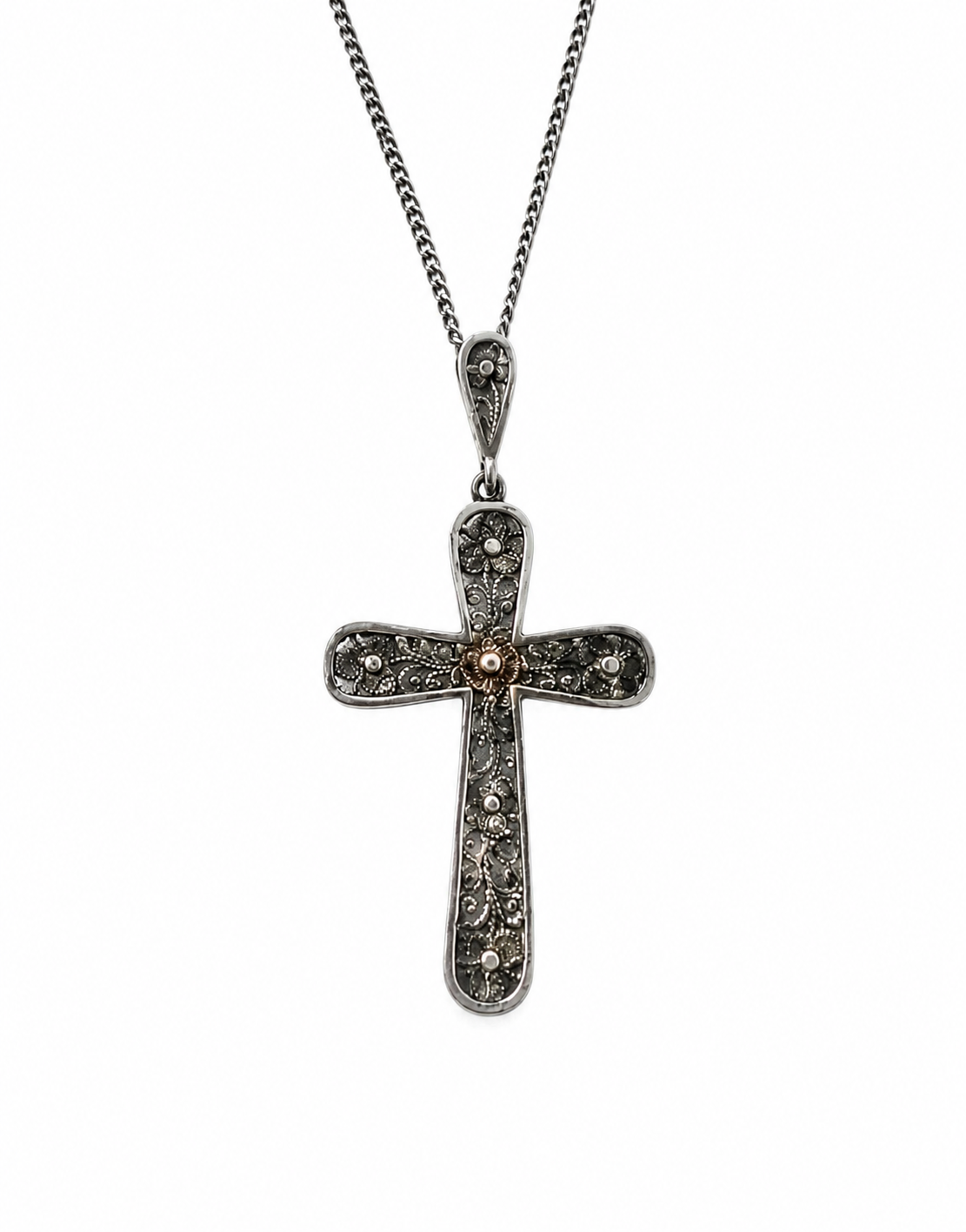 Vintage 835 Silver Filigree Cross Necklace, Floral Openwork Pendant, European Religious Jewellery