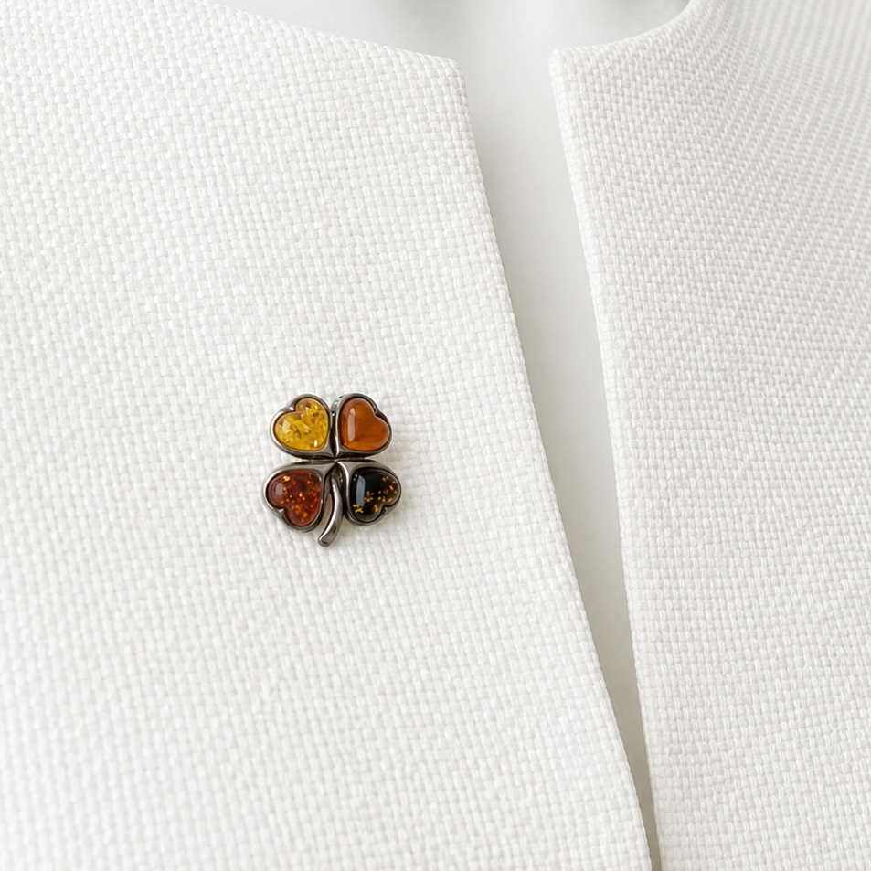 Vintage Baltic Amber Four-Leaf Clover Brooch. Good Luck Charm in Sterling Silver