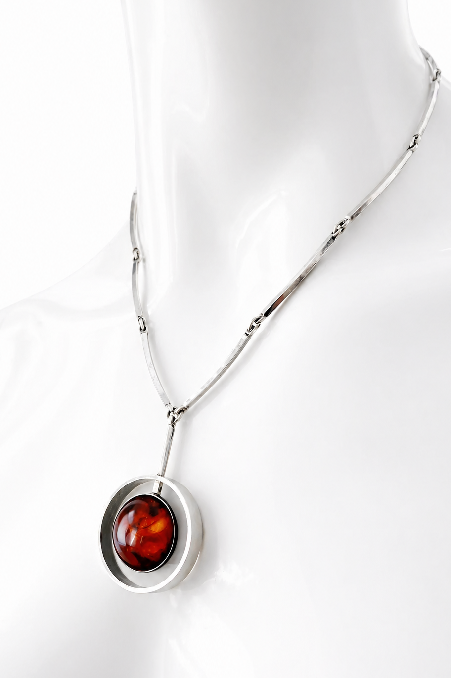 Niels Erik From Sterling Silver Amber Necklace, Danish Modernist Pendant, 925S Denmark