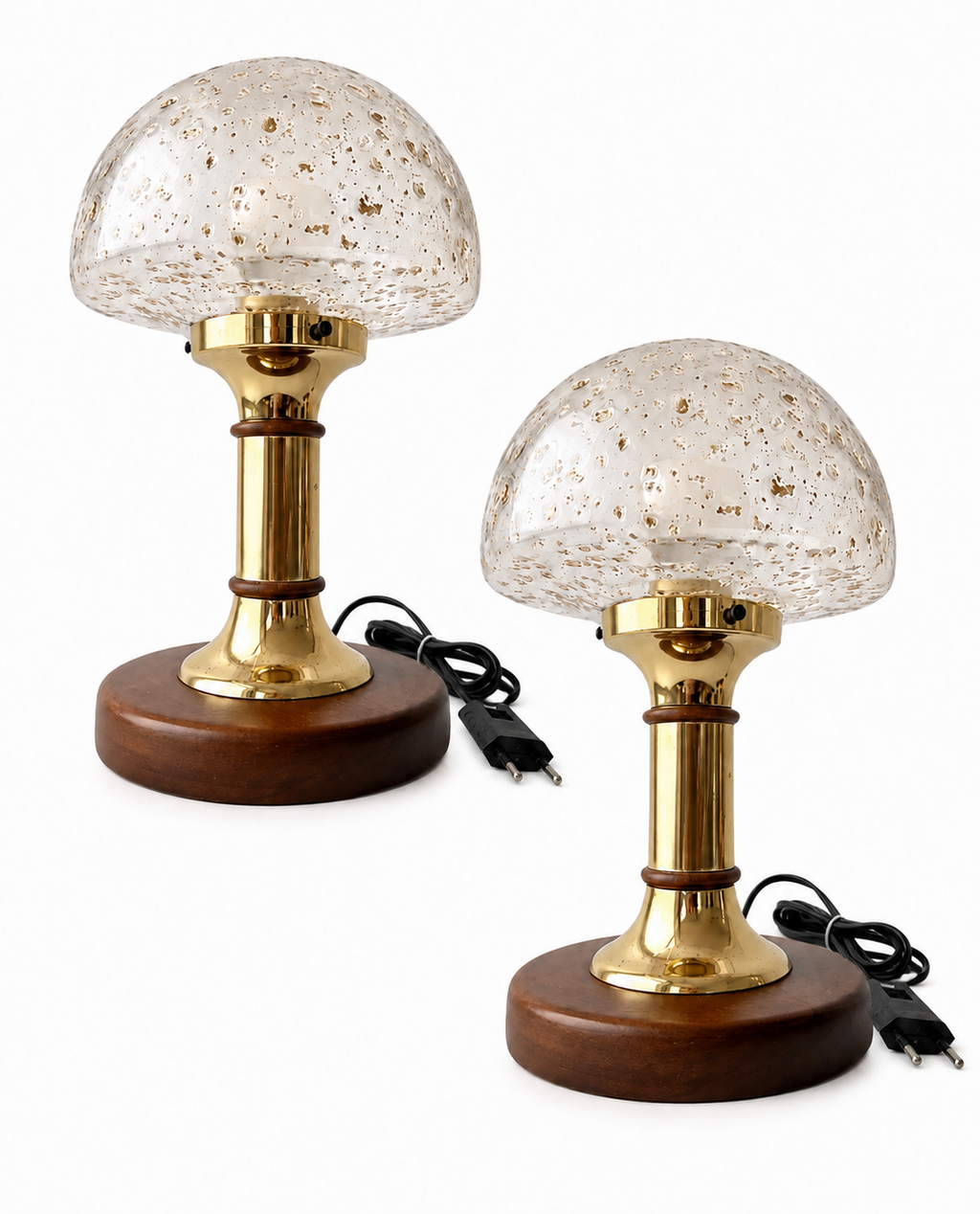 Vintage Helena Tynell Style Bubble Glass Table Lamps, Temde Brass Wood Pair