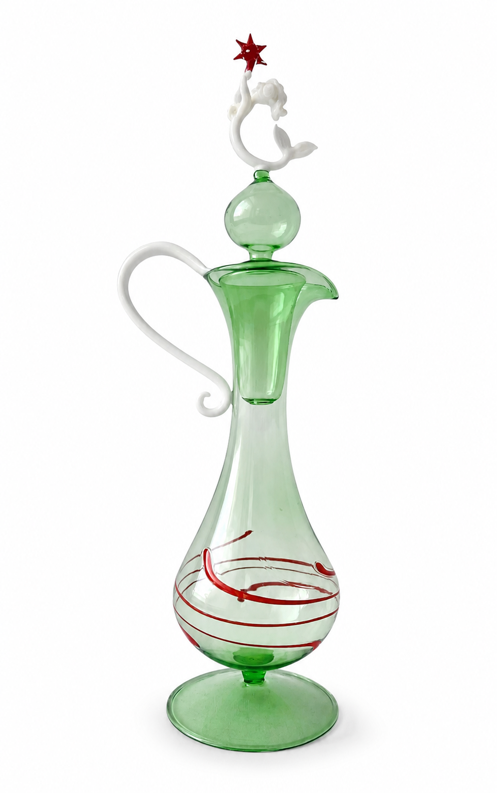 Lauscha Mermaid Glass Decanter Set, German Art Deco Green Glass Stemware, Circa 1900s