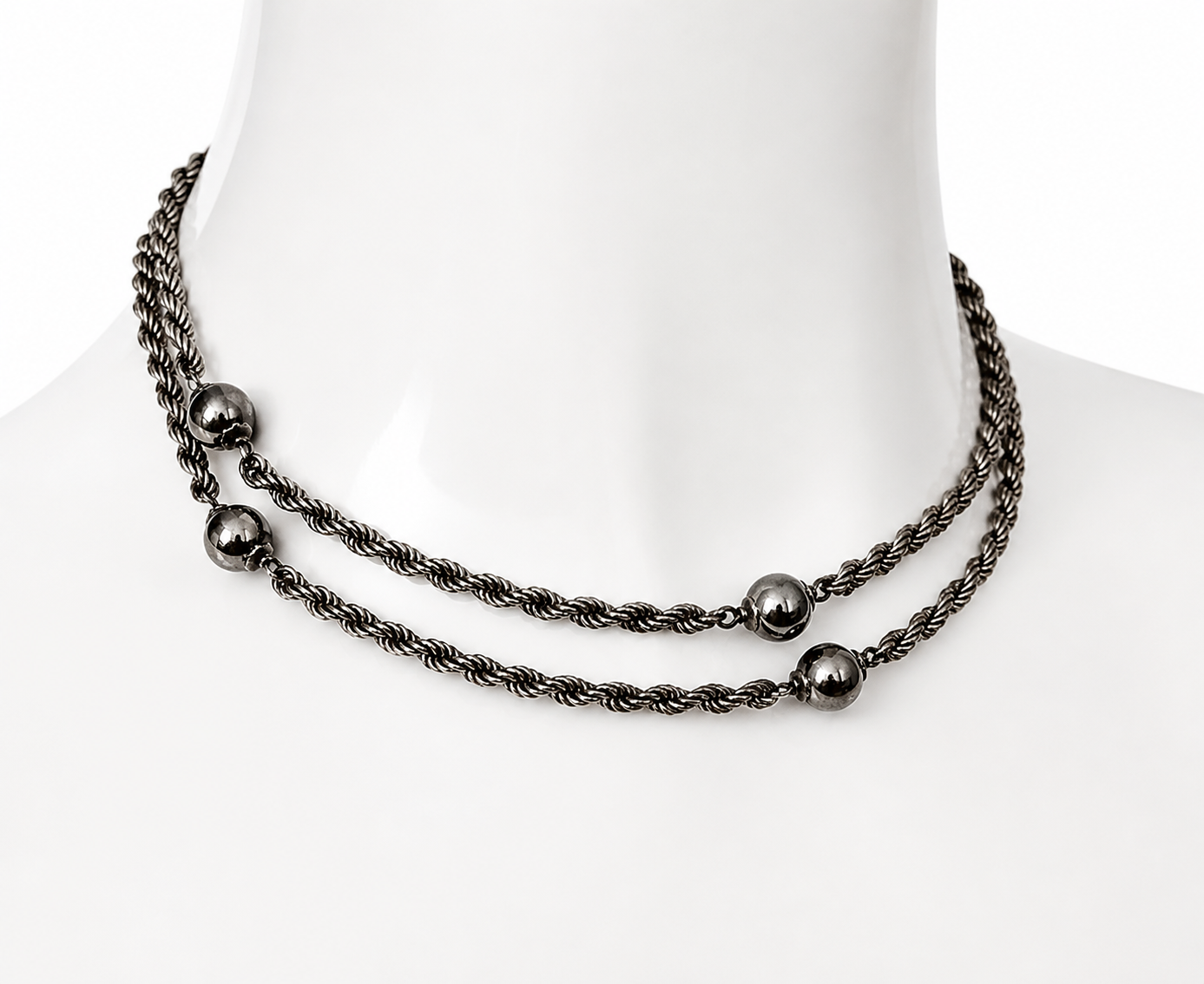 Vintage Silver Beaded Necklace, Twisted Rope Chain, 80cm Long.
