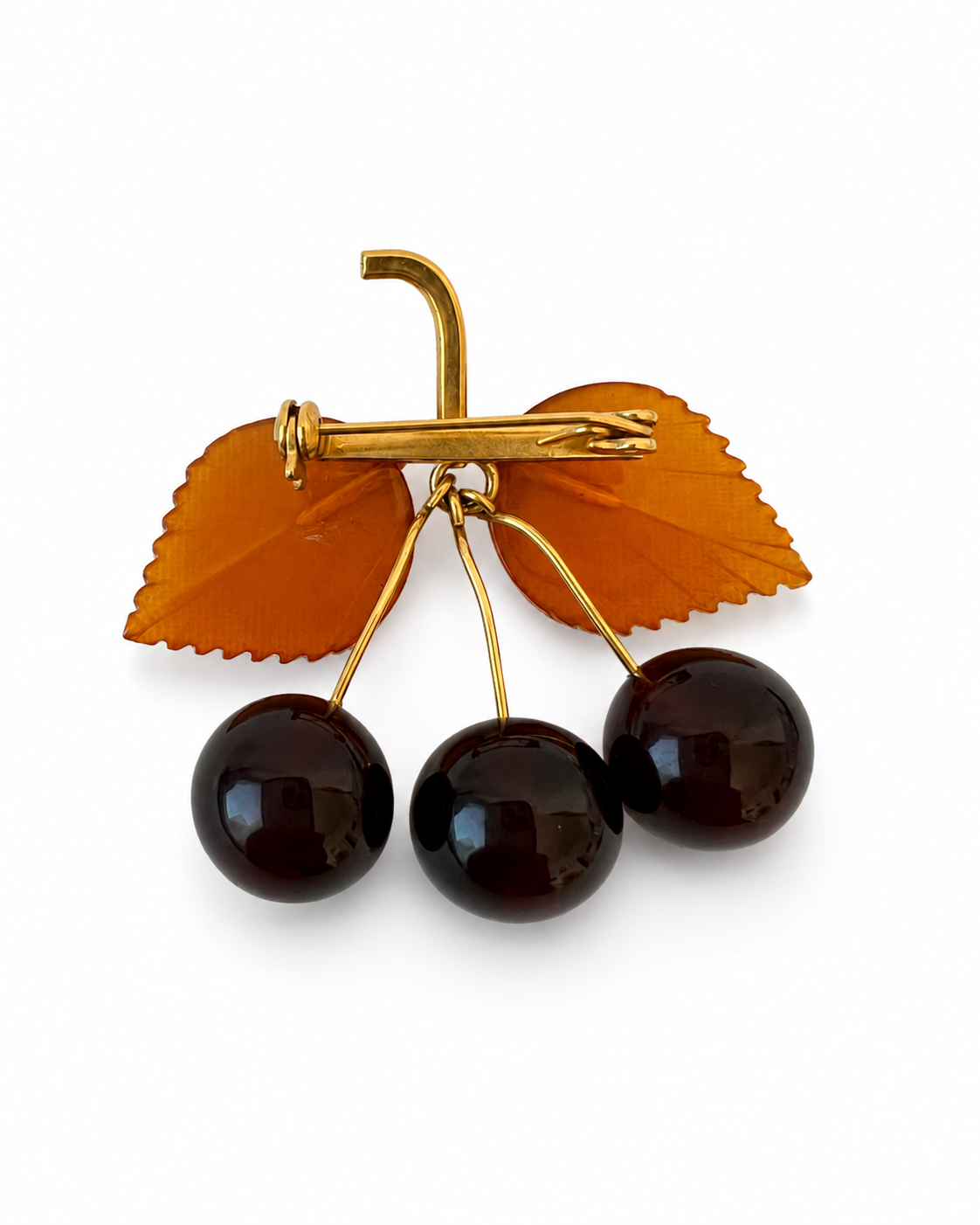 Vintage Amber Cherry Brooch, Soviet Gold Plated Fruit Pin, 1980s USSR Jewellery