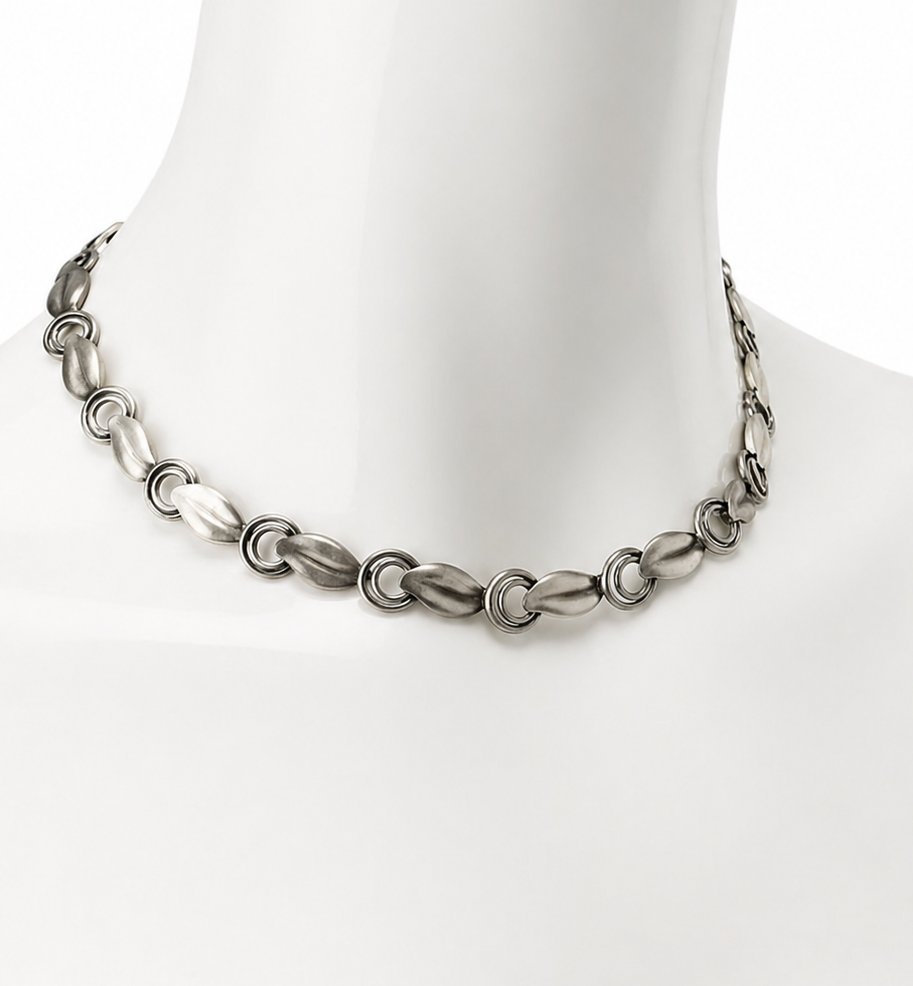 Vintage TEKA 835 Silver Choker Necklace, 1950s Theodor Klotz Leaf Link Necklace