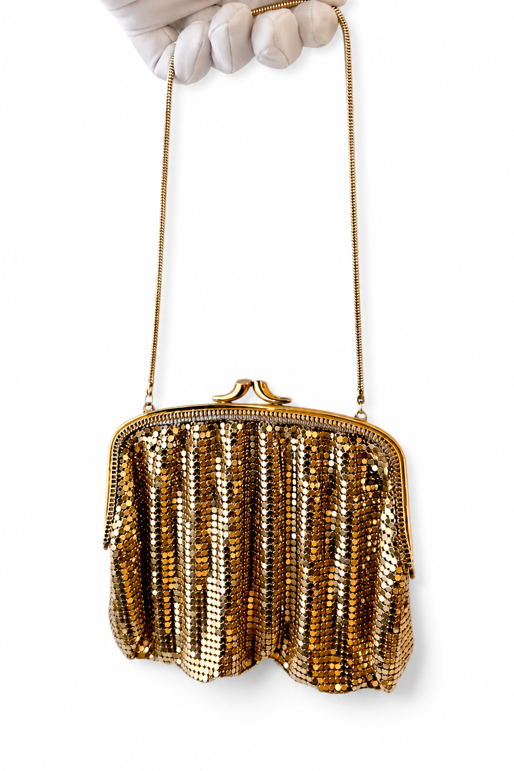 Vintage Gold Metal Mesh Evening Bag, All-Metal Chainmail Purse, Small Framed Clutch