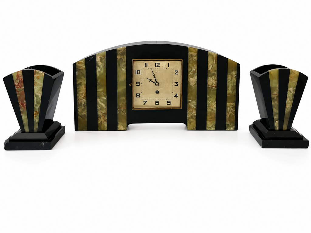 French Art Deco UCRA Marble Onyx Mantel Clock With Side Garnitures, 1920s 1930s