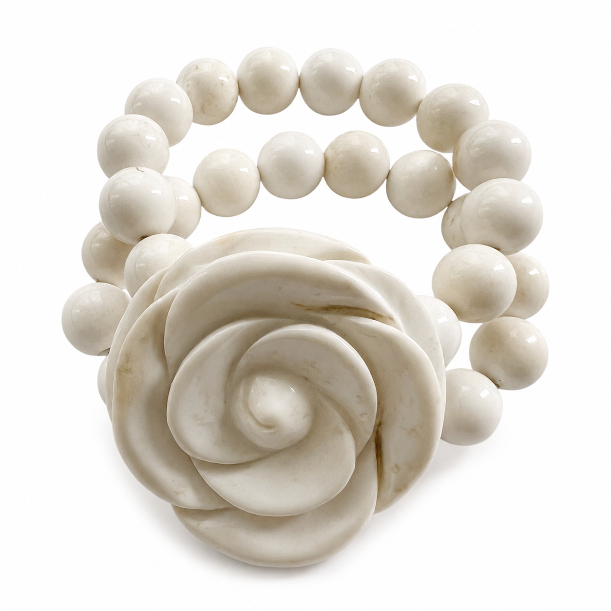 Vintage Hand Carved White Agate Flower Bracelet, Heavy Statement Bead Bracelet