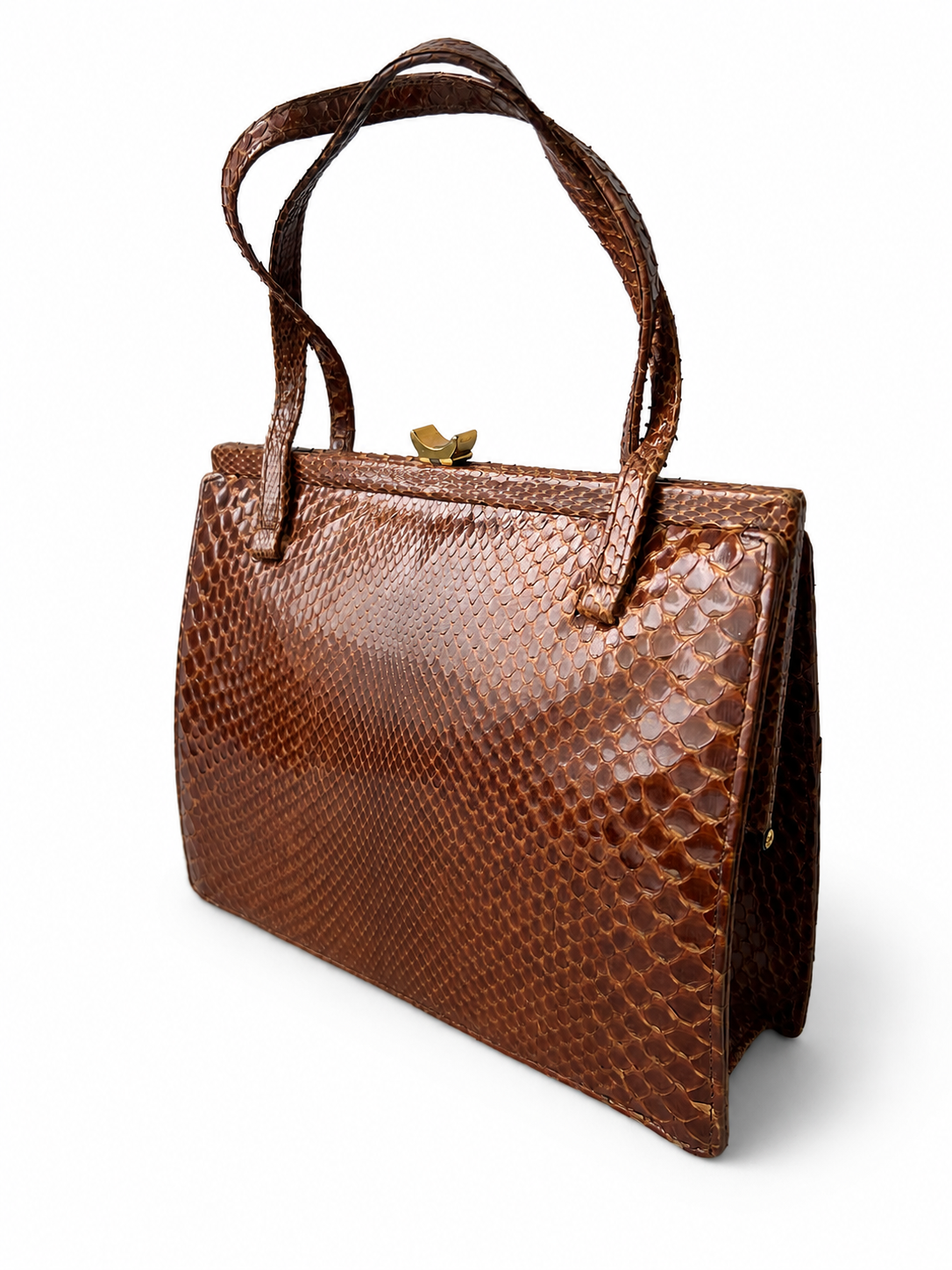 Vintage Brown Reptile Textured Leather Handbag With Brass Clasp And Leather Lining