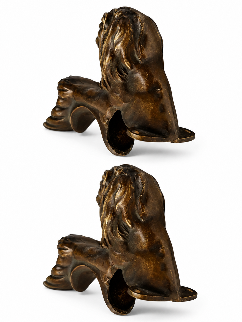 Antique Bronze Lion Armrest Mounts, Pair, 19th Century Empire Revival Furniture Fittings