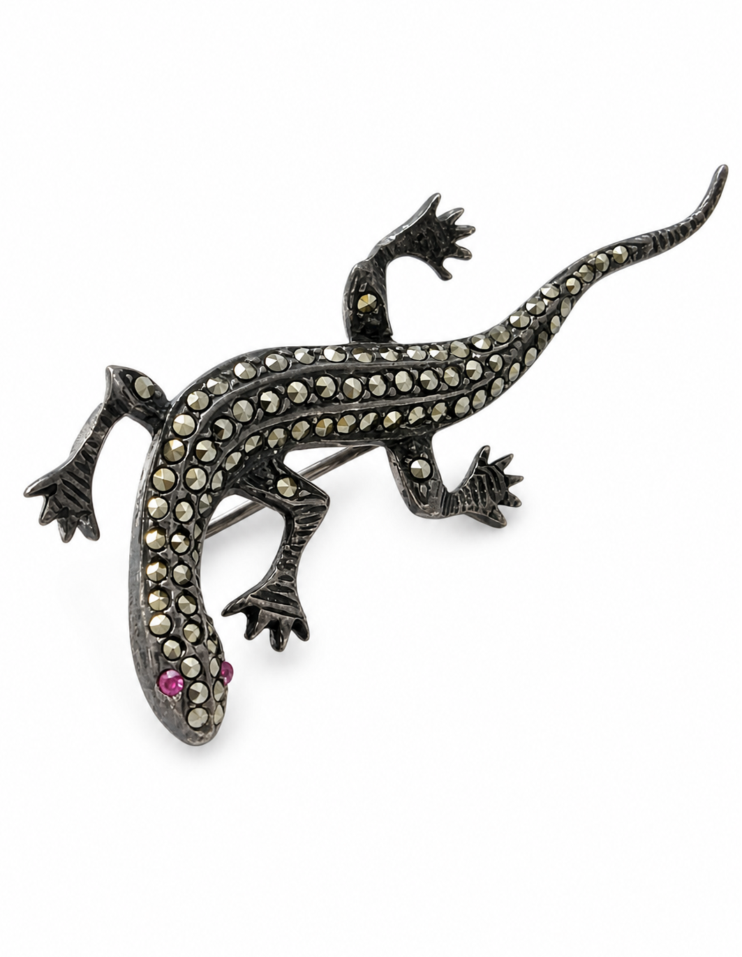 Vintage Silver Marcasite Lizard Brooch with Ruby Eyes.