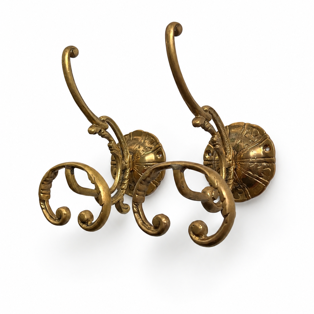 Pair Large Ornate Brass Wall Hooks, Vintage Coat Hat Towel Hangers